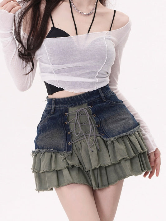 Vintage Denim Ruffles Skirt